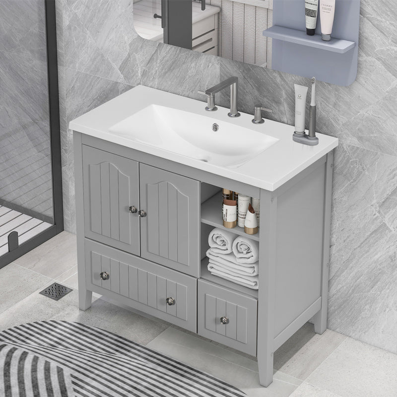 [VIDEO] 36" Bathroom Vanity with Ceramic Basin, Bathroom Storage Cabinet with Two Doors and Drawers, Solid Frame, Metal Handles, Grey