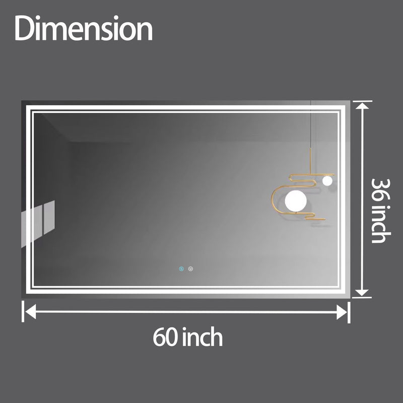 60 x 36 LED Mirror for Bathroom, LED Vanity Mirror, Adjustable 3 Color, Dimmable Vanity Mirror with Lights, Anti-Fog, Touch Control Wall Mounted Bathroom Mirror,Vertical