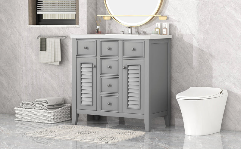 36" Bathroom Vanity with Ceramic Basin, Two Cabinets and Five Drawers, Solid Wood Frame, Grey