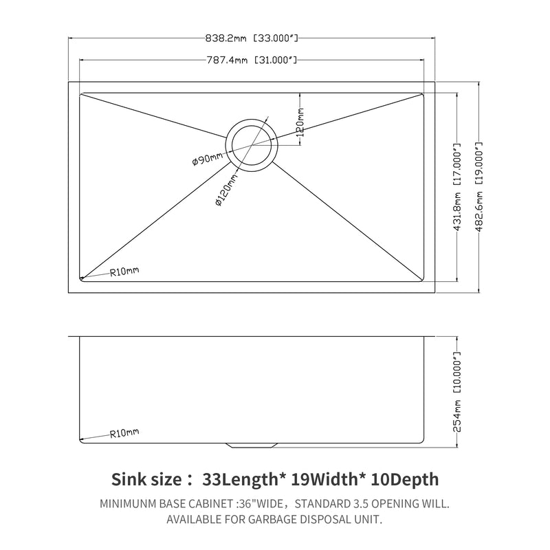 33 Inch Undermount Sink - 33"x19"x10" Undermount Stainless Steel Kitchen Sink 16 Gauge 10 Inch Deep Single Bowl Kitchen Sink Basin