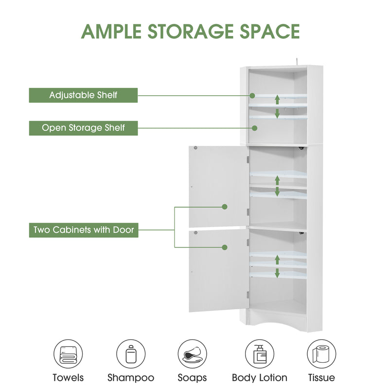 Tall Bathroom Corner Cabinet, Freestanding Storage Cabinet with Doors and Adjustable Shelves, MDF Board, White