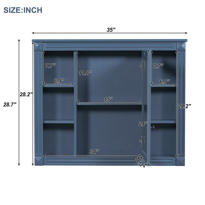 35'' x 28'' Royal Blue Wall Mounted Bathroom Storage Cabinet, Modern Bathroom Wall Cabinet with Mirror, Mirror Cabinet with 6 Open Shelves (Not Include Bathroom Vanity )