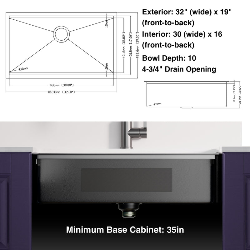 32 Inch Undermount Gunmetal Black Workstation Kitchen Sink 18 Gauge Stainless Steel