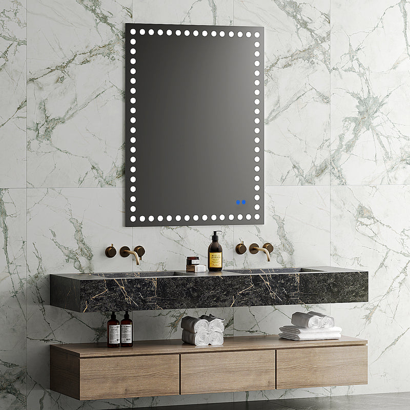 48X36 Inch Led-Lit Bathroom Mirror, Wall Mounted Anti-Fog Memory Rectangular Vanity Mirror With Tri-White Front Circular Light And Touch Sensor Dimmer Switch