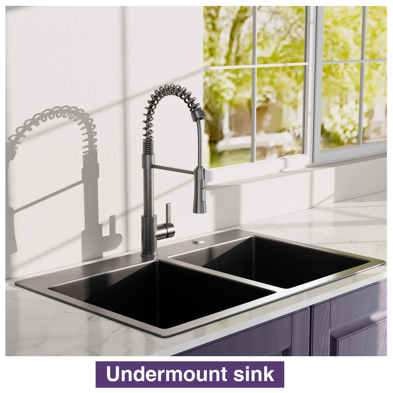 33x22Inch Double Bowl Topmount Gunmetal Black Kitchen Sink 18Gauge Stainless Steel  With Black Spring Neck Faucet