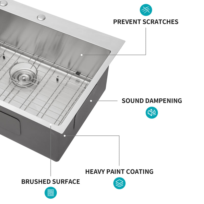 28x22x10 inch Kitchen Sink Drop In 16 Gauge Stainless Steel 28" Single Bowl Topmount Kitchen Sink Basin