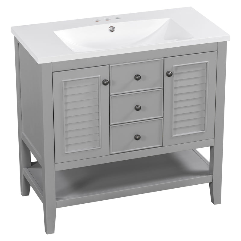 36" Bathroom Vanity with Ceramic Basin, Two Cabinets and Drawers, Open Shelf, Solid Wood Frame, Grey