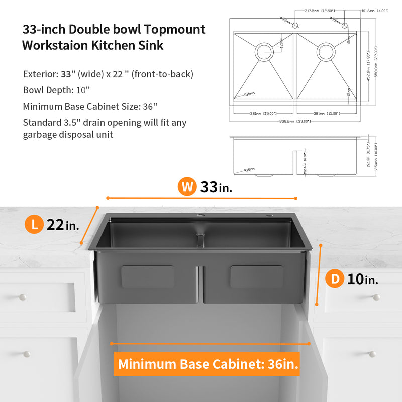 33 Inch Gunmetal Black  Topmount Workstation  Kitchen Sink 16 Gauge 304 Stainless Steel  Double Bowl Sink