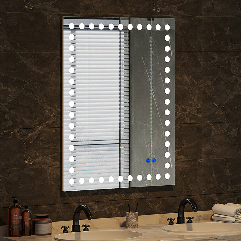 36×28 Inch Led-Lit Bathroom Mirror, Wall Mounted Anti-Fog Memory Rectangular Vanity Mirror With Tri-White Front Circular Light And Touch Sensor Dimmer Switch