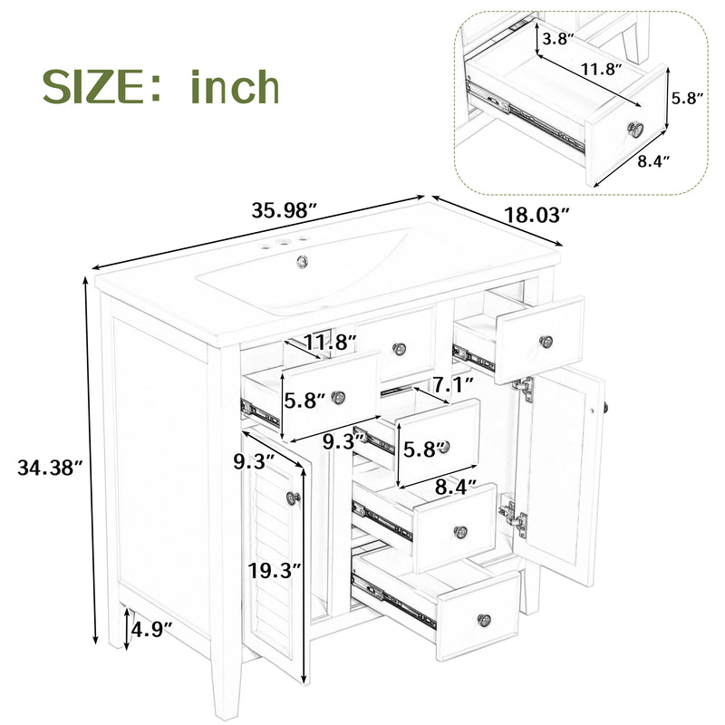 36" Bathroom Vanity with Ceramic Basin, Two Cabinets and Five Drawers, Solid Wood Frame, White