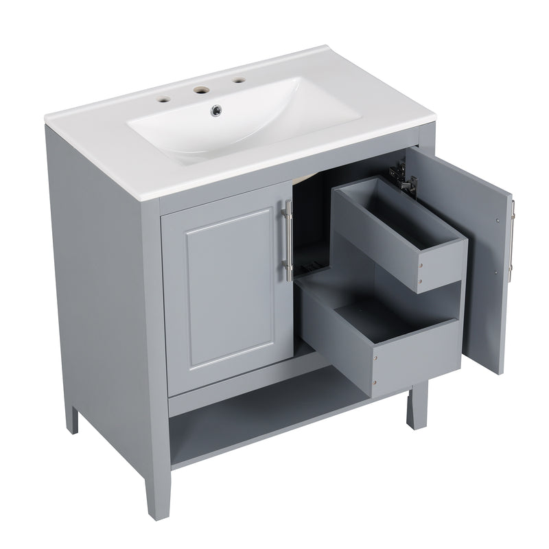 30" Bathroom Vanity with Sink, Multi-functional Bathroom Cabinet with Doors and Drawers, Solid Frame and MDF Board, Grey