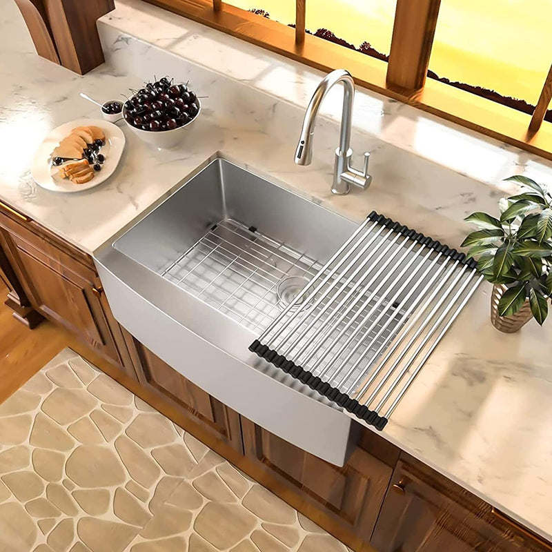 Brushed Nickel 16 gauge Stainless Steel 33 in. Single Bowl Farmhouse Apron Kitchen Sink with Bottom Grid and Basket Strainer