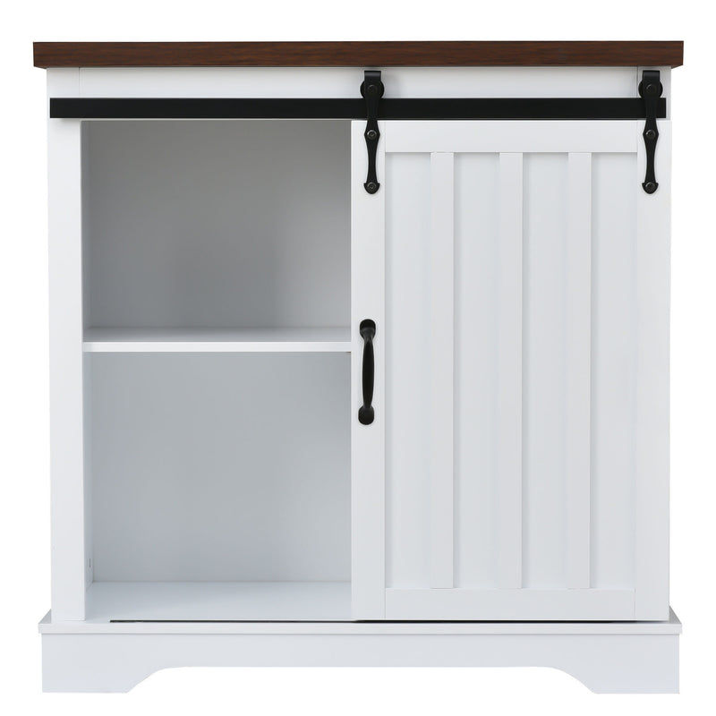 Bathroom Storage Cabinet, Freestanding Accent Cabinet, Sliding Barn Door, Thick Top, Adjustable Shelf, White and Brown