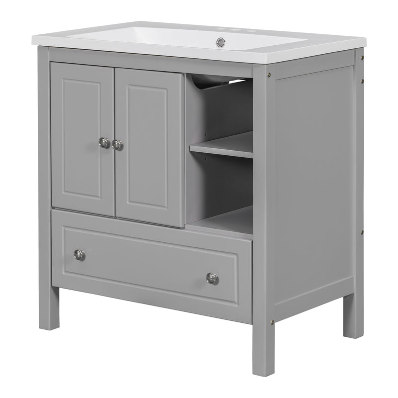 [VIDEO] 30" Bathroom Vanity with Sink, Bathroom Storage Cabinet with Doors and Drawers, Solid Wood Frame, Ceramic Sink, Grey