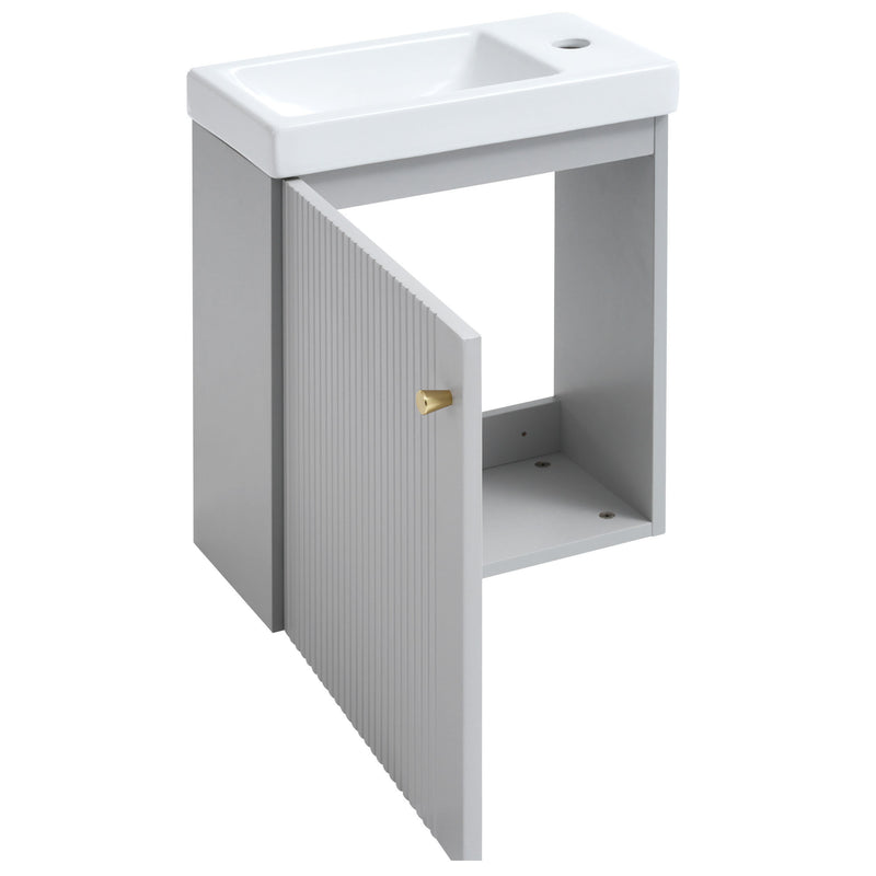 [Viedo]Contemporary 16" Wall-Mounted Bathroom Vanity Combo Cabinet with Ceramic Basin - Ideal for Small Bathrooms