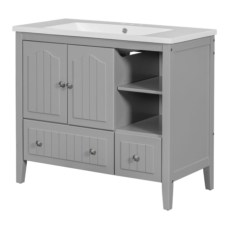 [VIDEO] 36" Bathroom Vanity with Ceramic Basin, Bathroom Storage Cabinet with Two Doors and Drawers, Solid Frame, Metal Handles, Grey