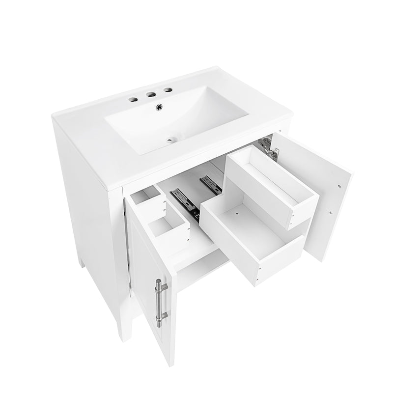 30" Bathroom Vanity with Sink, Multi-functional Bathroom Cabinet with Doors and Drawers, Solid Frame and MDF Board, White