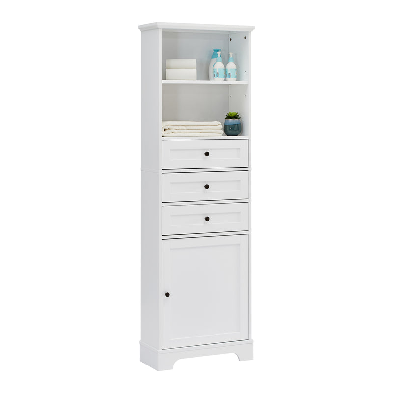 White Tall Storage Cabinet with 3 Drawers and Adjustable Shelves for Bathroom, Kitchen and Living Room, MDF Board with Painted Finish