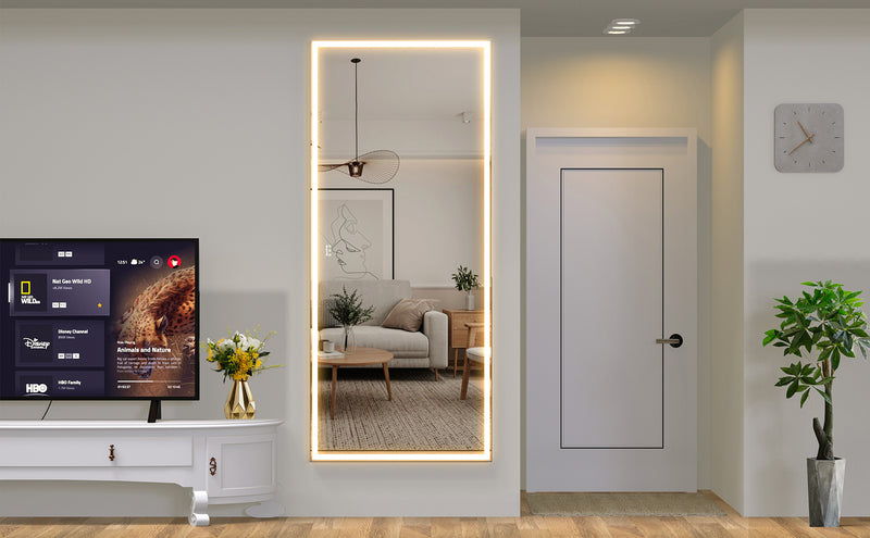 Extra Large LED Bathroom Mirror with 3 Color Aluminum Framed Wall Mirror Full Body Mirror with Lights, Vertical Horizontal Hanging Aluminum Framed Mirror for Bedroom Living Room, Silver, 84X36 inches