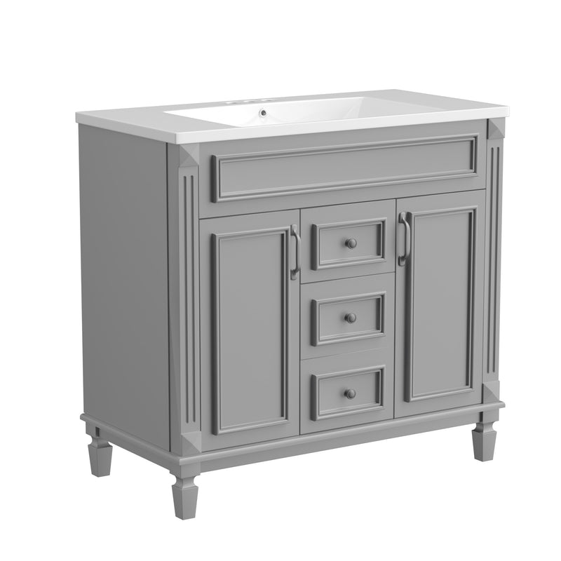 36'' Bathroom Vanity with Top Sink, Grey Mirror Cabinet, Modern Bathroom Storage Cabinet with 2 Soft Closing Doors and 2 Drawers, Single Sink Bathroom Vanity