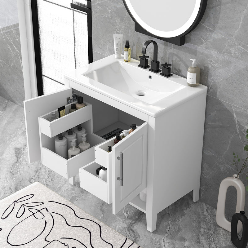 30" Bathroom Vanity with Sink, Multi-functional Bathroom Cabinet with Doors and Drawers, Solid Frame and MDF Board, White