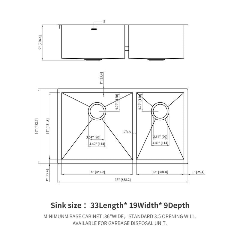 18 Gauge Stainless Steel 33x19 inch Undermount Double Bowl Kitchen Sink (60/40) with 9 Inch Deep Sink