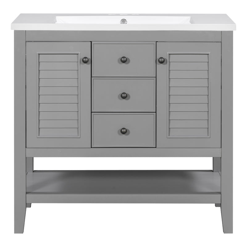 36" Bathroom Vanity with Ceramic Basin, Two Cabinets and Drawers, Open Shelf, Solid Wood Frame, Grey