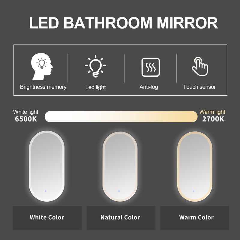 18 x 35 Inch Switch-Held Memory LED Mirror, Wall-Mounted Vanity Mirrors, Bathroom Anti-Fog Mirror, Dimmable Bathroom Mirror