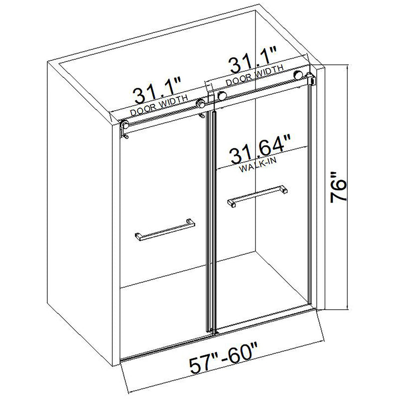 60*76" Double Sliding Frameless Shower Door Brushed Nickel Without Buffer