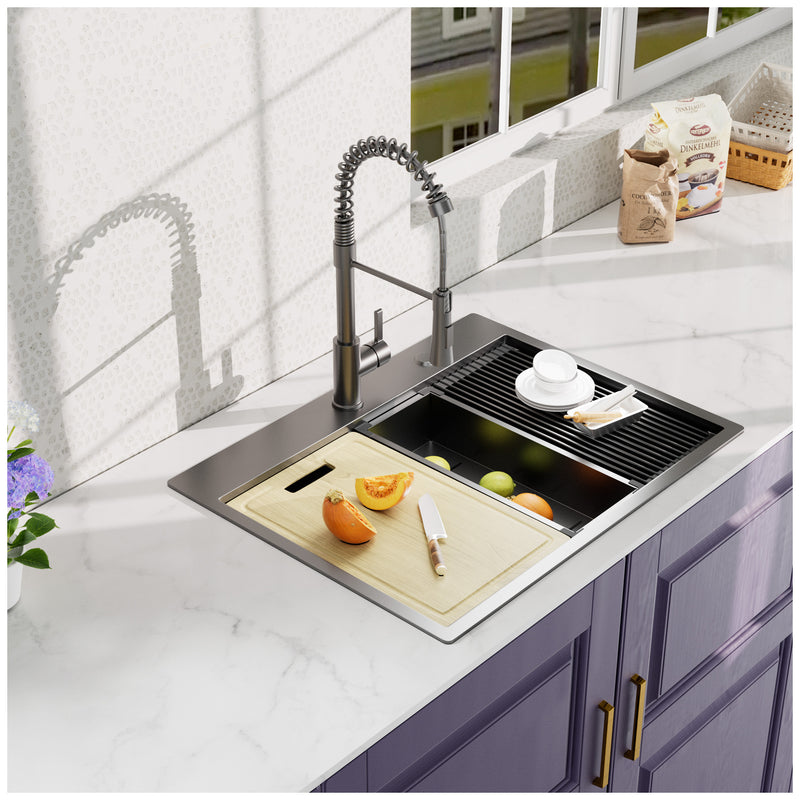 27 Inch Topmount Gunmetal Black  Worksation Kitchen Sink 18 Gauge Stainless Steel Single Bowl Sink With Faucet