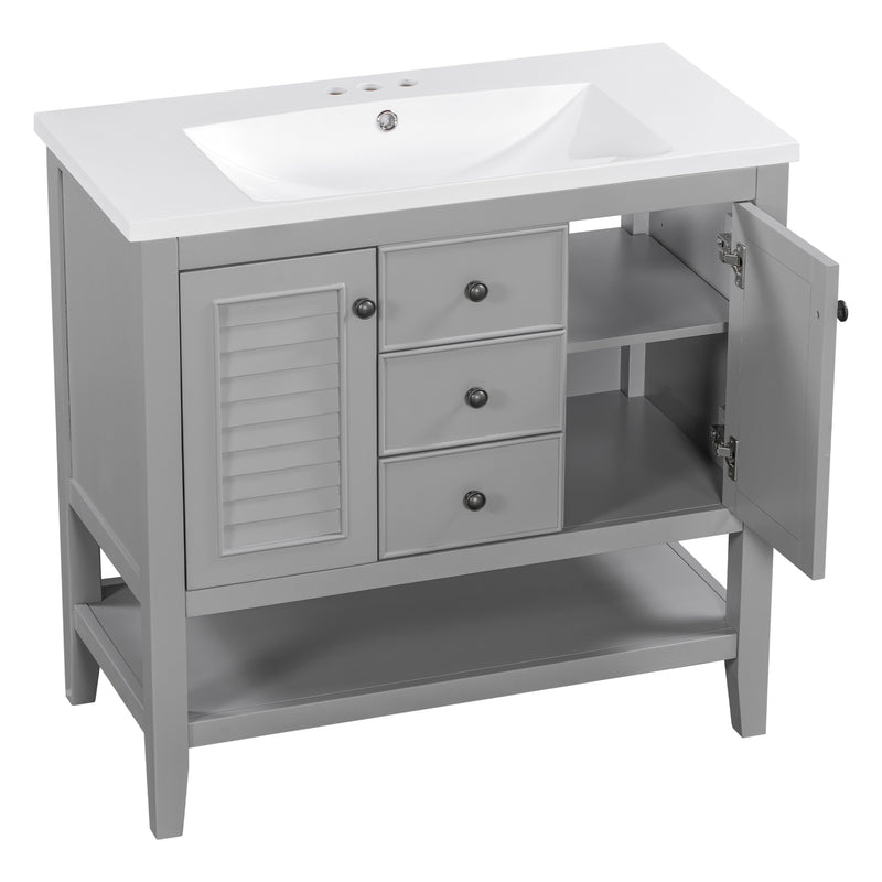 36" Bathroom Vanity with Ceramic Basin, Two Cabinets and Drawers, Open Shelf, Solid Wood Frame, Grey