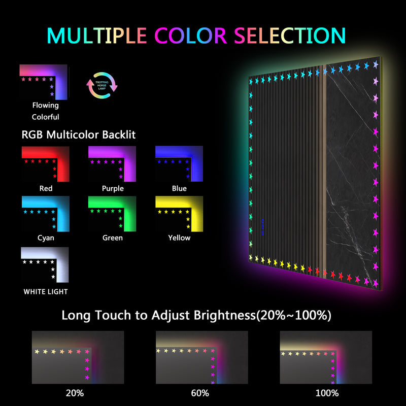 40×32  inch LED Bathroom Mirror with Lights Backlit RGB Color Changing Lighted Mirror for Bathroom Wall Dimmable Anti-Fog Memory Rectangular Vanity Mirror (RGB Multicolor Backlit + Front-Lighted )