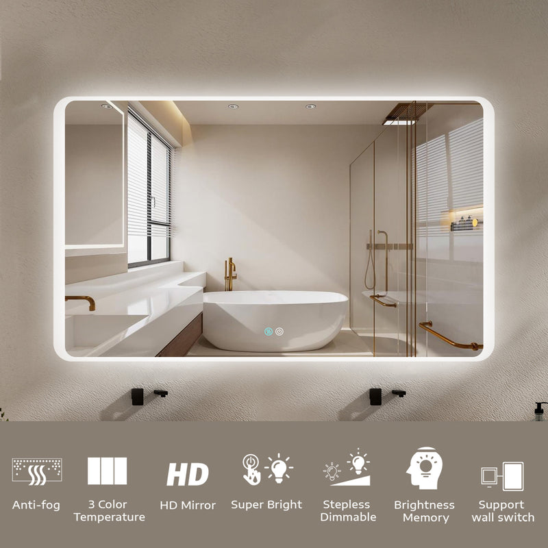 60 x 36 LED Mirror for Bathroom, LED Vanity Mirror, Adjustable 3 Color, Dimmable Vanity Mirror with Lights, Anti-Fog, Touch Control Wall Mounted Bathroom Mirror,Vertical