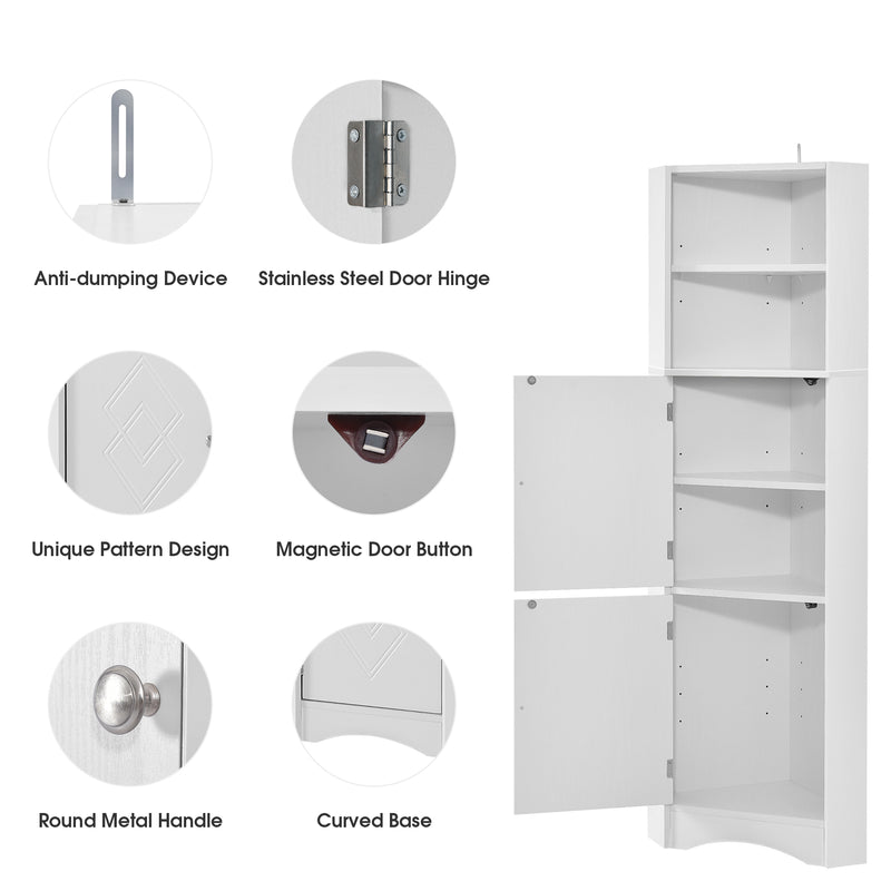 Tall Bathroom Corner Cabinet, Freestanding Storage Cabinet with Doors and Adjustable Shelves, MDF Board, White