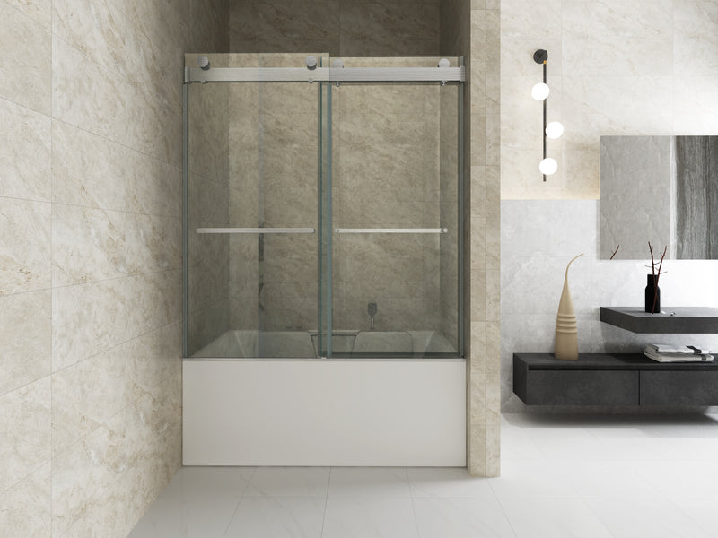 Elan 56 to 60in. W x 65'' H Frameless Double Sliding Tub Door, Bypass Tub Door Clear Glass Soft Closing in Chrome 
23D02-T60C