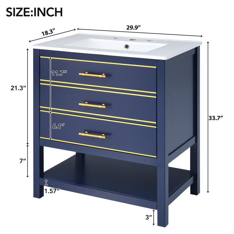 [Viedo]Modern 30inch Navy Blue/White Bathroom Vanity Cabinet Combo with Open
Storge, Two Drawers