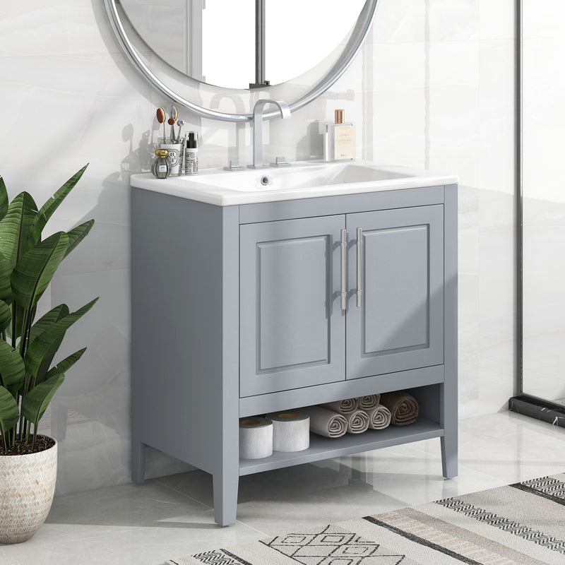 30" Bathroom Vanity with Sink, Multi-functional Bathroom Cabinet with Doors and Drawers, Solid Frame and MDF Board, Grey