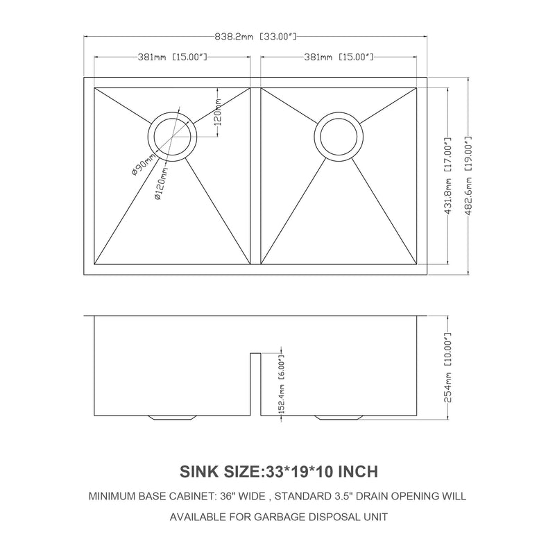 Double Bowl(50/50) Undermount Sink- 33"x19" Double Bowl Kitchen Sink 16 Gauge with Two 10" Deep Basin