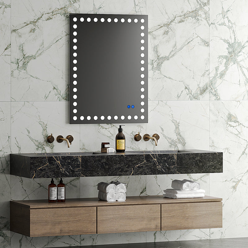 36×28 Inch Led-Lit Bathroom Mirror, Wall Mounted Anti-Fog Memory Rectangular Vanity Mirror With Tri-White Front Circular Light And Touch Sensor Dimmer Switch