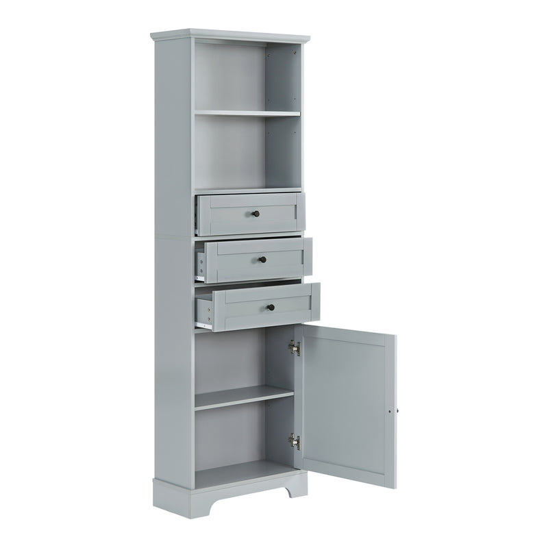 Grey Tall Storage Cabinet with 3 Drawers and Adjustable Shelves for Bathroom, Kitchen and Living Room, MDF Board with Painted Finish