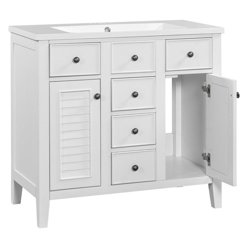 36" Bathroom Vanity with Ceramic Basin, Two Cabinets and Five Drawers, Solid Wood Frame, White