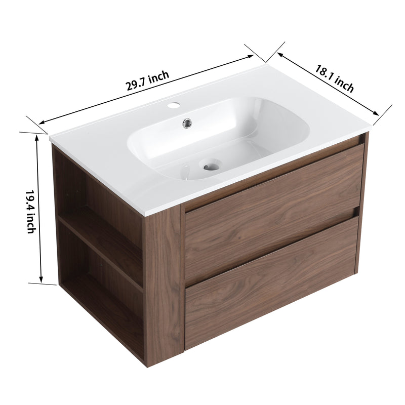 30" Wall Mounting Bathroom Vanity With Gel Sink, Soft Close Drawer