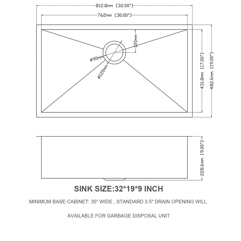 32 Inch Undermount Sink - 32"x19"x9" Undermount Stainless Steel Kitchen Sink 18 Gauge 9 Inch Deep Single Bowl Kitchen Sink Basin