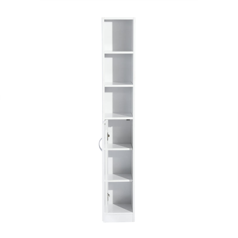 White Bathroom Storage Cabinet with Shelf Narrow Corner Organizer Floor Standing (H63 6 Shelves 1 Door)