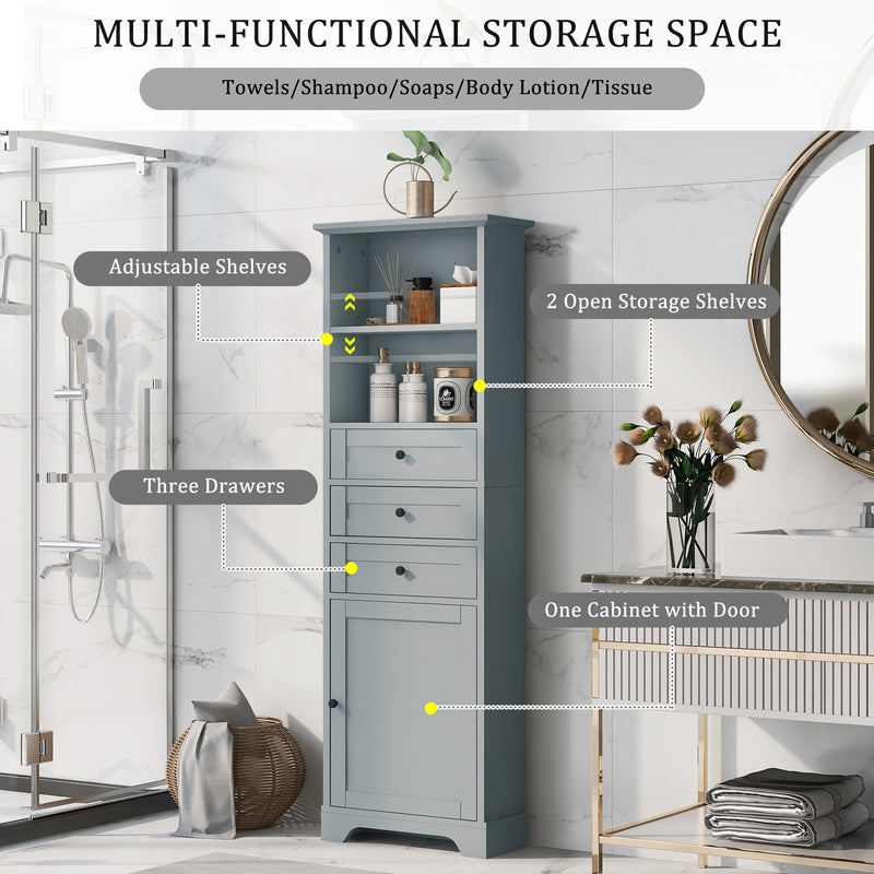 Grey Tall Storage Cabinet with 3 Drawers and Adjustable Shelves for Bathroom, Kitchen and Living Room, MDF Board with Painted Finish