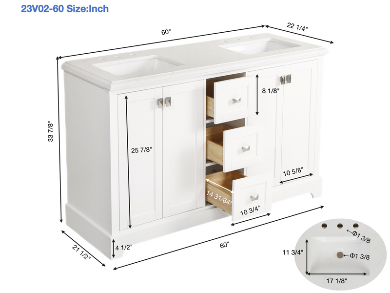 Vanity Sink Combo featuring a Marble Countertop, Bathroom Sink Cabinet, and Home Decor Bathroom Vanities - Fully Assembled White 60-inch Vanity with Sink 23V02-60WH