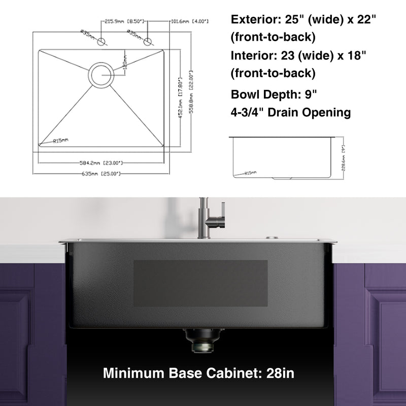 25x22inch Gunmetal Black Topmount 304 Stainless Steel 18 Gauge Kitchen Sink