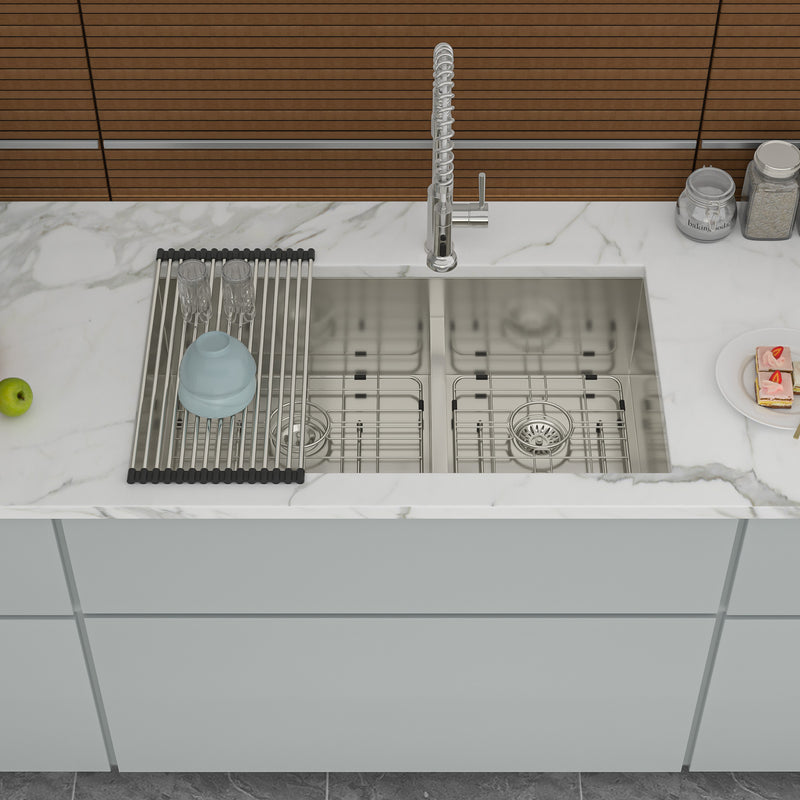 Double Bowl(60/40) Undermount Sink- 28"x19" Double Bowl Kitchen Sink 16 Gauge with Two 10" Deep Basin