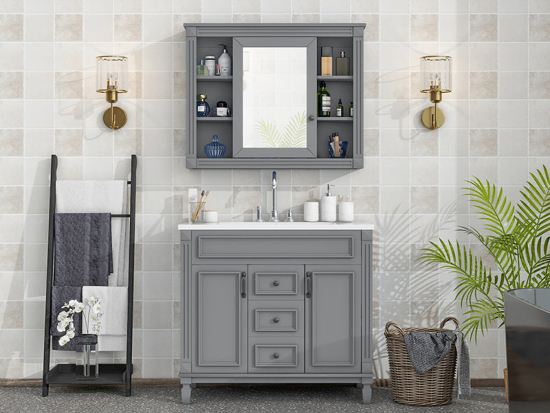 36'' Bathroom Vanity with Top Sink, Grey Mirror Cabinet, Modern Bathroom Storage Cabinet with 2 Soft Closing Doors and 2 Drawers, Single Sink Bathroom Vanity