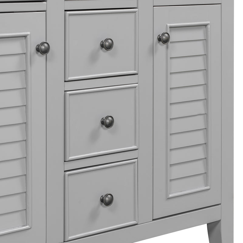 36" Bathroom Vanity with Ceramic Basin, Two Cabinets and Five Drawers, Solid Wood Frame, Grey